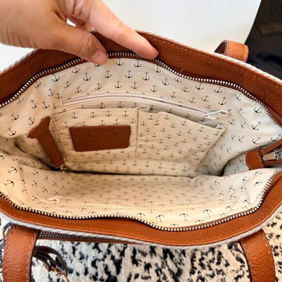 Brighton Coastal Starfish Harbor Tote Anchor Charm Bag – Tan Leather & Navy Stri - Picture 5 of 8